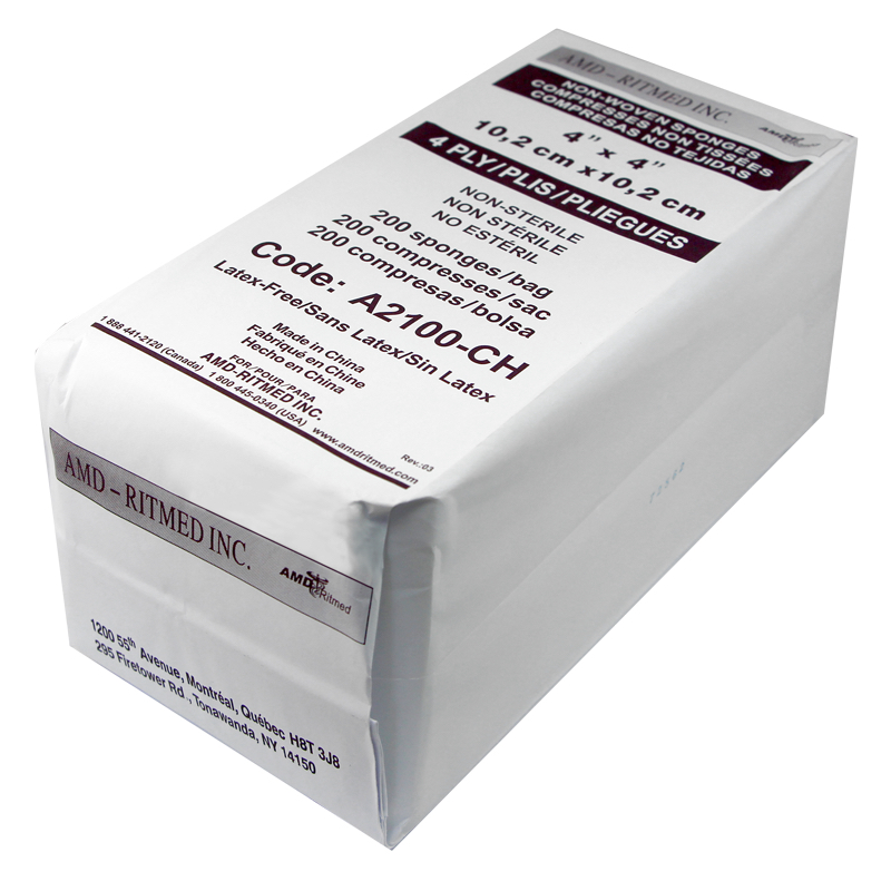 [100-908] Compresses de gaze 4 plis non tissée, non-stérile - 10 cm (4") x 10 cm (4")