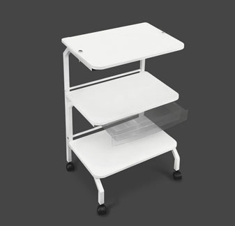 [122-453] Chariot TX3 avec trois tablettes, roulettes, tiroir et barre d'alimentation